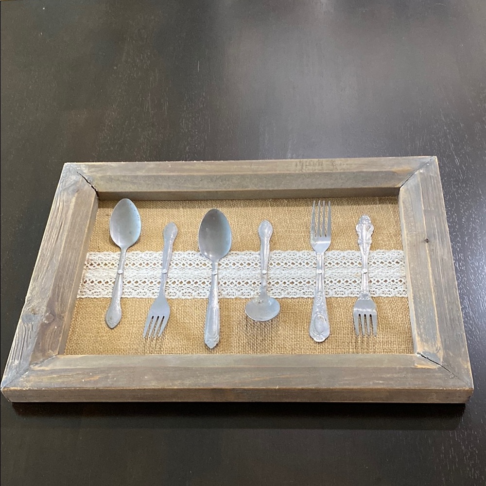 Preloved Creative Coop Distress Framed Burlap, Lave & Old Silverware!